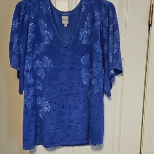 NIC+ZOE Blue Blouse with White Floral Design